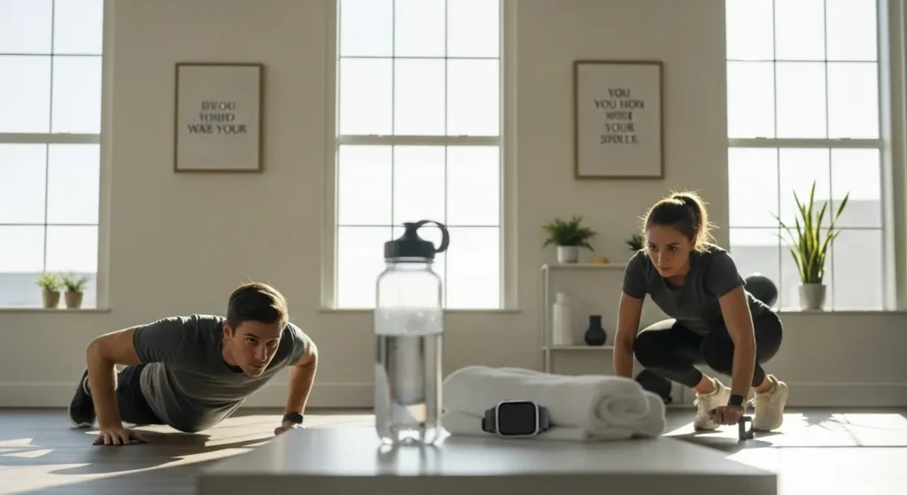 A well-lit fitness studio with natural light streaming in through large windows. In the foreground, a person performing bodyweight exercises such as pushups or squats. They have a determined expression on their face, dressed in workout attire. In the middle ground, a table or shelf with a water bottle, towel, and a smartwatch or fitness tracker. On the walls, minimalist artwork or motivational quotes. The background has a neutral, serene color palette, conveying a calm, focused atmosphere conducive to exercise and healthy habits. The overall scene captures the synergy of intermittent fasting and physical activity, promoting wellness and self-discipline.
