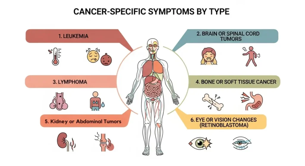 Illustrated medical infographic titled “Cancer-Specific Symptoms by Type,” showing six labeled icons representing different cancers — blood drop for Leukemia, brain for Brain or Spinal Cord Tumors, lymph node for Lymphoma, bone for Bone or Soft Tissue Cancer, kidney for Kidney or Abdominal Tumors (Neuroblastoma or Wilms’ tumor), and eye for Eye or Vision Changes (Retinoblastoma) — on a clean white background with soft pastel medical colors.