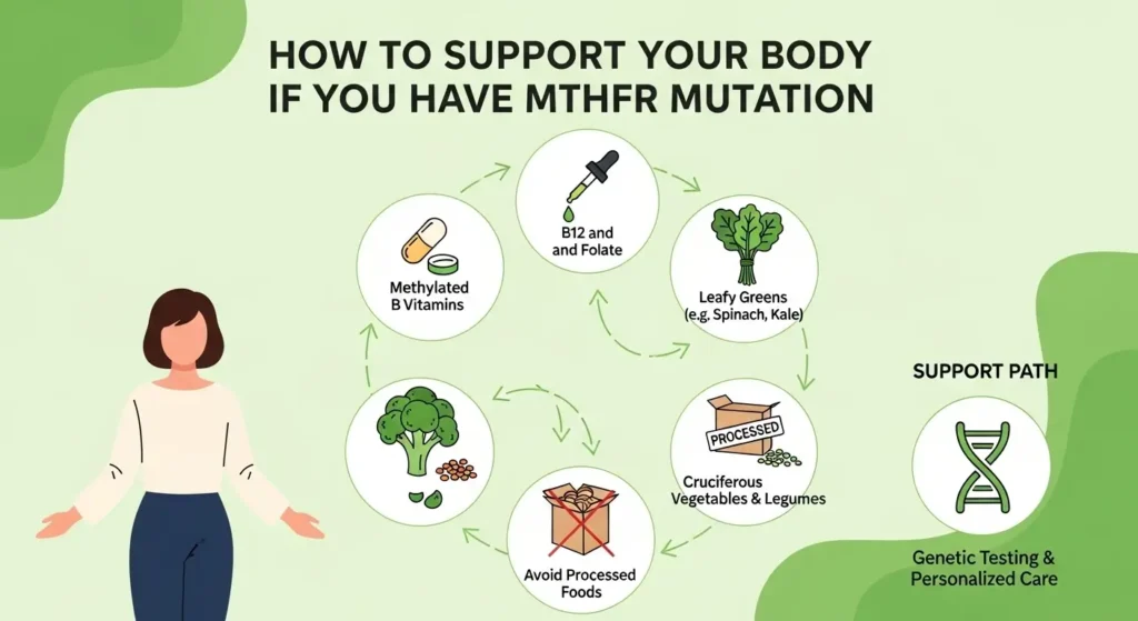 infographic titled “How to Support Your Body If You Have MTHFR Mutation,” designed in a soothing soft green and cream color palette. At the top, the bold title stands out clearly. In the center, a modern vector-style female figure is surrounded by six nutrient-related icons arranged in a circular pattern, each with labeled tips: a vitamin capsule labeled “Use L-Methylfolate, Not Folic Acid,” a B12 dropper labeled “Choose Methylcobalamin (Active B12),” leafy greens labeled “Eat Folate-Rich Foods,” broccoli and lentils labeled “Include Veggies & Legumes,” a crossed-out processed food box labeled “Avoid Fortified Processed Foods,” and a DNA helix labeled “Support Methylation Naturally.” Soft arrows connect these icons in a flowing “Support Path” from vitamins to food to a healthy body.