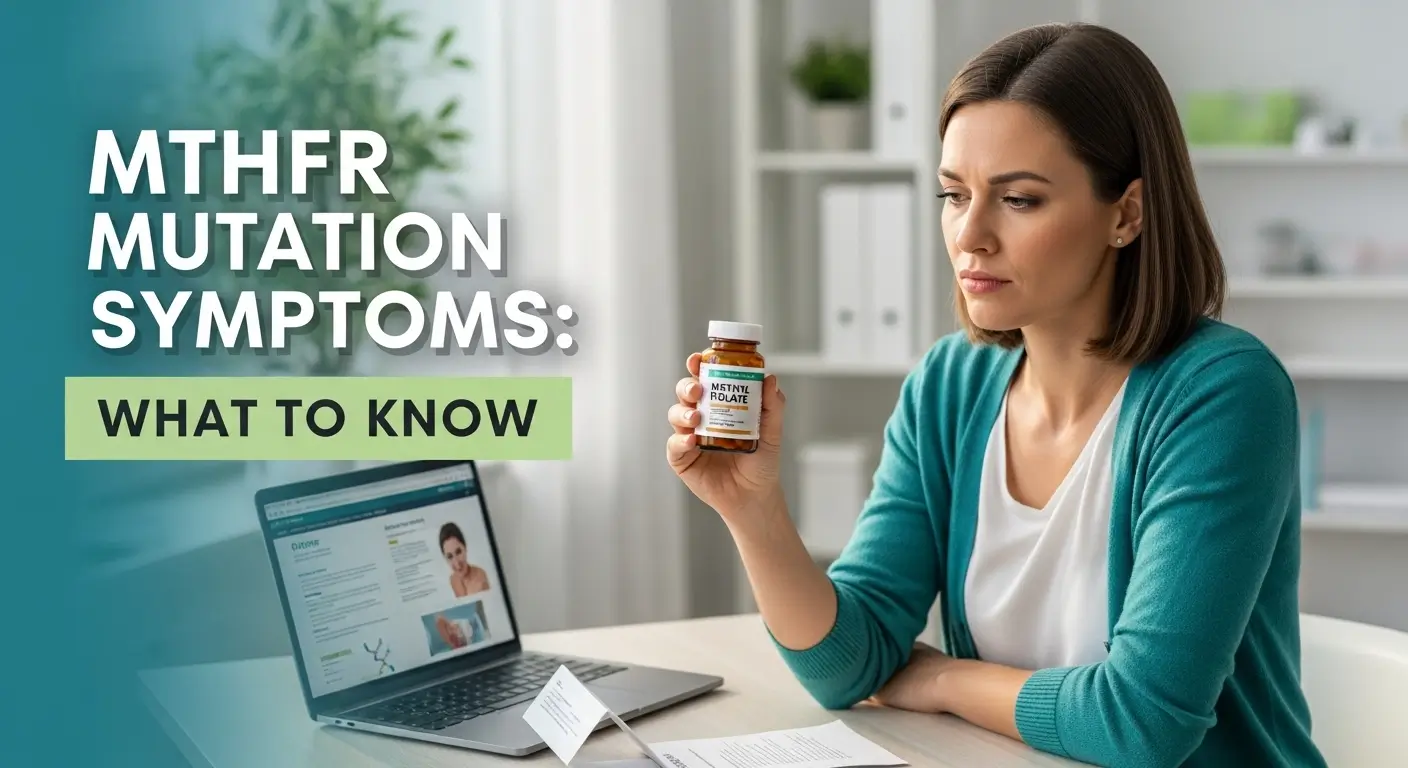 Woman sitting at desk looking at a supplement bottle labeled methyl folate, with laptop open showing a health article. Text on image reads ‘MTHFR Mutation Symptoms: What to Know.’ Wellness concept in teal and green tones.