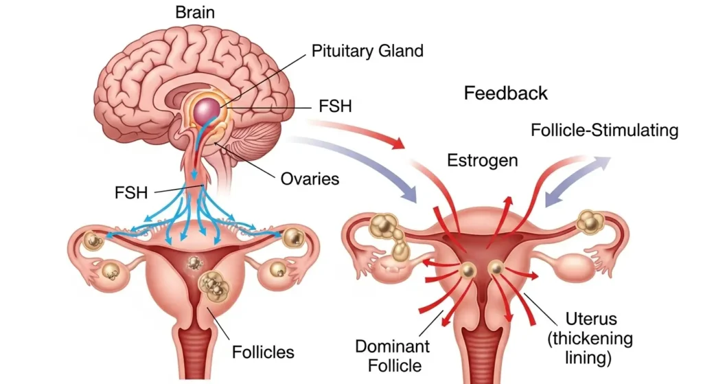Diagram showing how the brain, pituitary gland, and ovaries regulate the female reproductive cycle. The pituitary gland releases FSH (follicle-stimulating hormone), which stimulates the ovaries to develop follicles. The dominant follicle produces estrogen, which thickens the uterine lining and provides feedback to the brain to regulate hormone levels.
