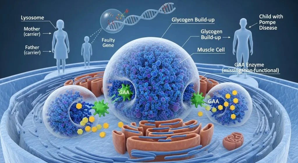 3D medical illustration showing Pompe Disease Symptoms at the cellular level. The image depicts how a faulty GAA gene inherited from carrier parents causes the absence or dysfunction of the GAA enzyme in lysosomes, leading to glycogen build-up inside muscle cells. This accumulation results in muscle weakness in a child with Pompe disease.