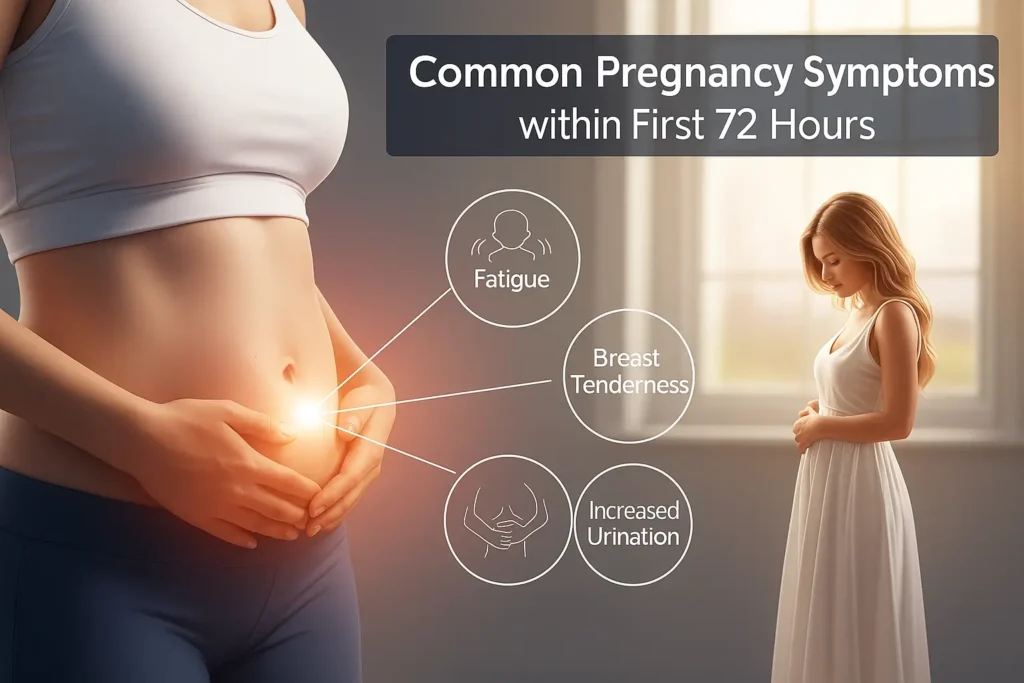 First 72 Hours of Pregnancy Symptoms of A woman experiencing rapid onset pregnancy signs, her body undergoing hormonal transformations. Soft natural lighting filters through a window, casting a warm glow on her face. In the foreground, her hands rest gently on her abdomen, a subtle yet undeniable swell visible. The middle ground depicts her expression, a mixture of wonder, joy, and a hint of apprehension. The background is blurred, creating a sense of focus on the emotional and physical changes unfolding. The composition conveys the delicate balance of the early stages of pregnancy, the rapid onset of symptoms a testament to the profound physiological shifts. 