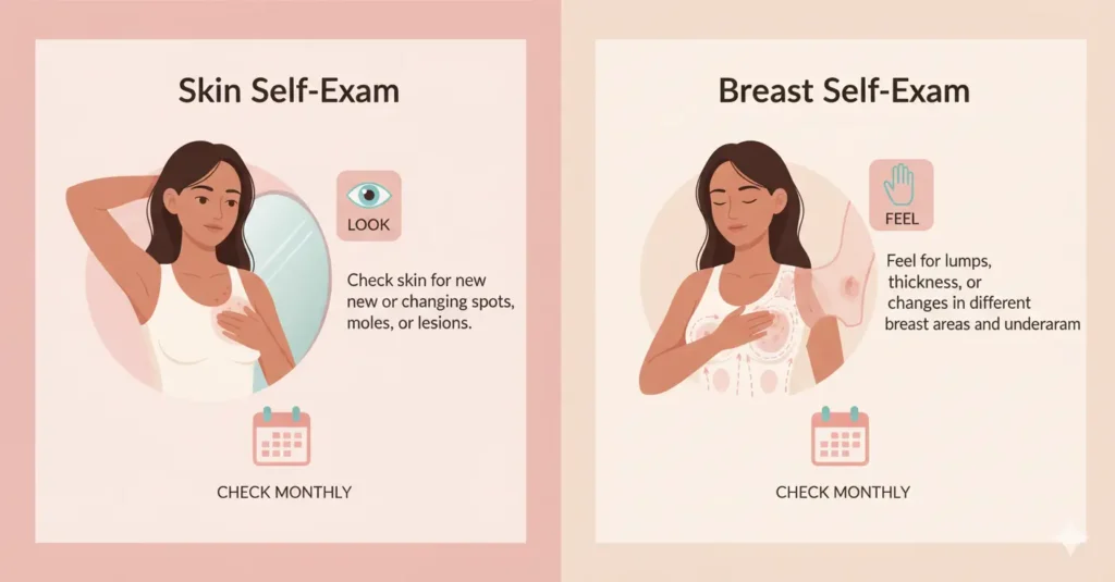 breast self-exam to prevent skin and breast cancer