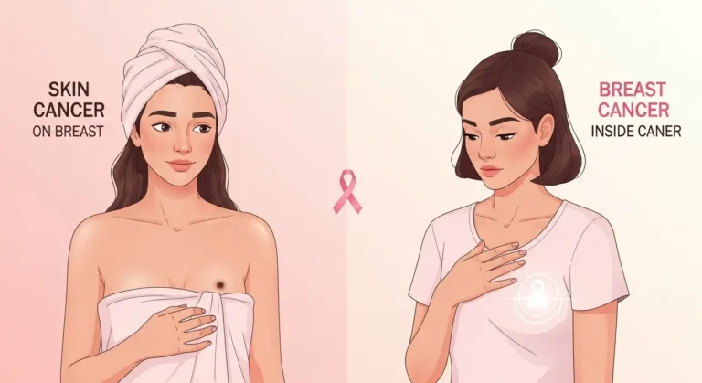 Two women side by side showing the difference between skin cancer on the breast skin and internal breast cancer — awareness vector illustration.