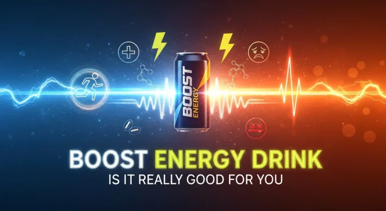 Digital graphic of a Boost energy drink can with energetic blue and red waves, representing positive and negative effects of energy drinks on the body, with icons of alertness, running, and fatigue.