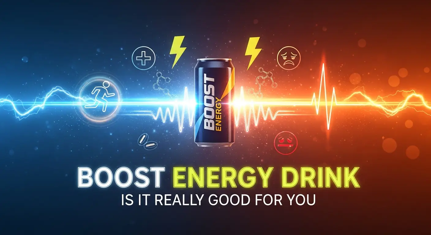 Digital graphic of a Boost energy drink can with energetic blue and red waves, representing positive and negative effects of energy drinks on the body, with icons of alertness, running, and fatigue.
