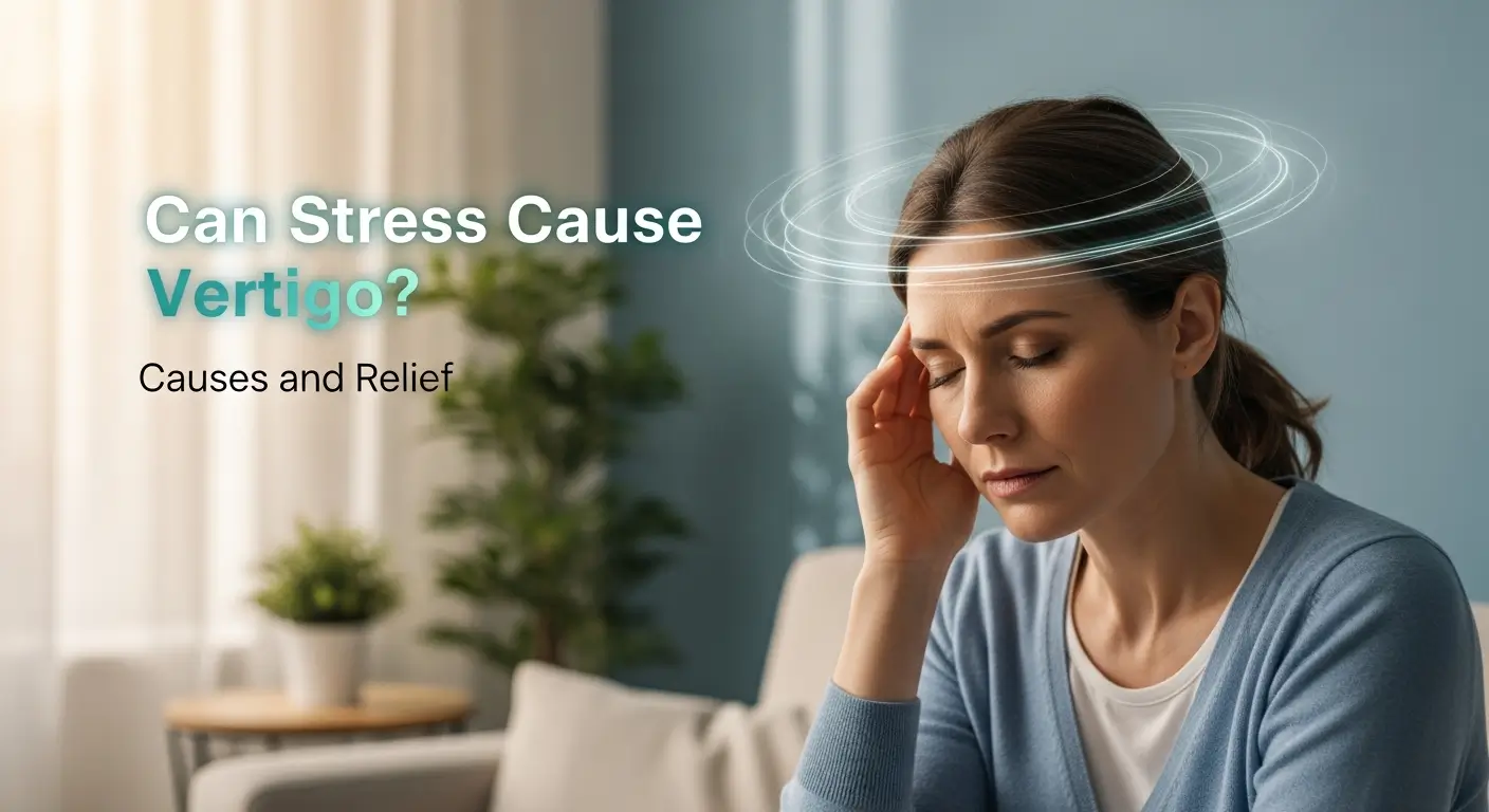 Woman sitting indoors with eyes closed, touching her temple and appearing dizzy, with illustrated spinning circles around her head — representing vertigo caused by stress. Can Stress Cause Vertigo ?