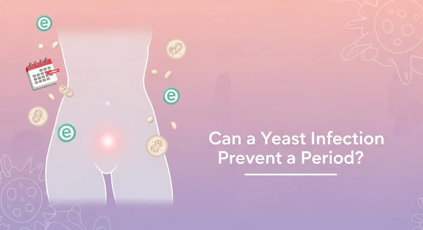 Illustration showing a female body outline with yeast cells and a menstrual calendar, highlighting the relationship between yeast infection and menstrual cycle irregularities.