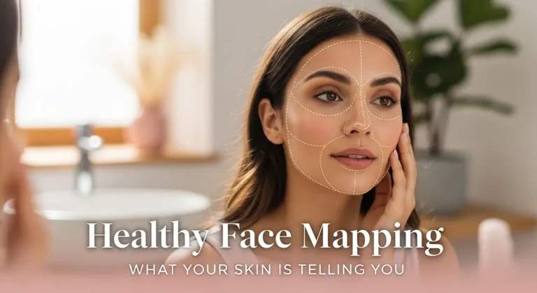 Woman looking at herself in the mirror with dotted face mapping guide overlay. The image shows face mapping zones used to understand what different skin areas may indicate about internal health. Soft natural lighting and a calm skincare routine setting.