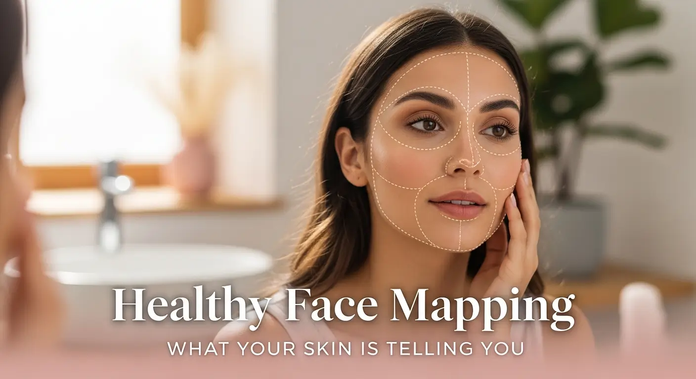 Woman looking at herself in the mirror with dotted face mapping guide overlay. The image shows face mapping zones used to understand what different skin areas may indicate about internal health. Soft natural lighting and a calm skincare routine setting.