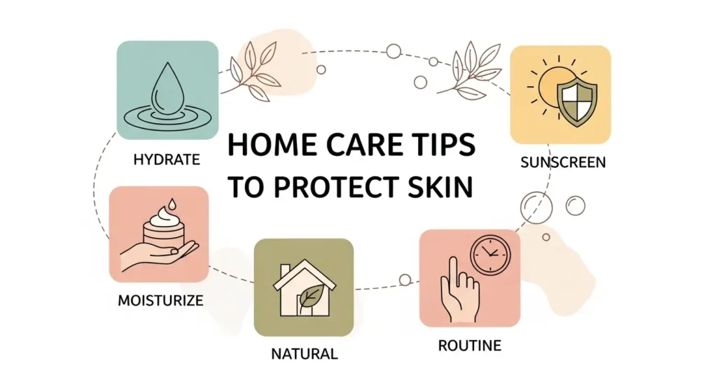 Infographic showing home care tips to protect skin, including icons for hydration, moisturizing, using natural products, maintaining a routine, and applying sunscreen. The center text reads ‘Home Care Tips to Protect Skin