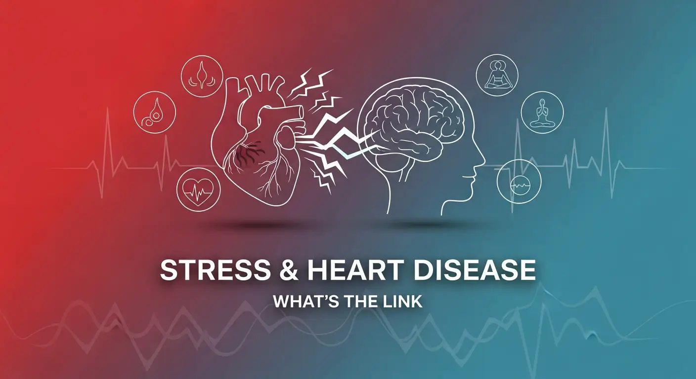 Illustration showing a heart and brain connected by stress signals, with icons representing health and meditation, highlighting the link between stress and heart disease.