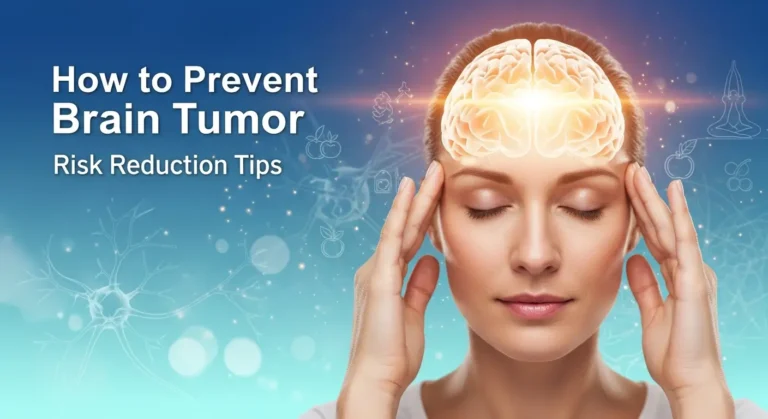 Visual of a calm woman with a glowing brain illustration, representing brain health and prevention tips for brain tumors through healthy lifestyle habits and mindfulness.