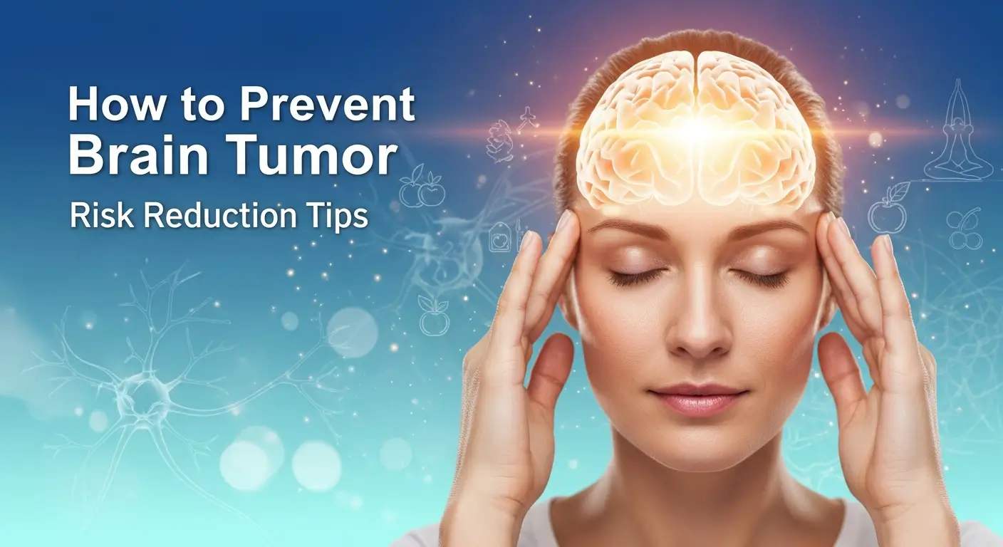 Visual of a calm woman with a glowing brain illustration, representing brain health and prevention tips for brain tumors through healthy lifestyle habits and mindfulness.