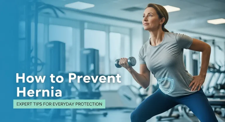 Woman exercising in the gym with core protection symbol, representing how to prevent hernia through proper fitness and abdominal care.