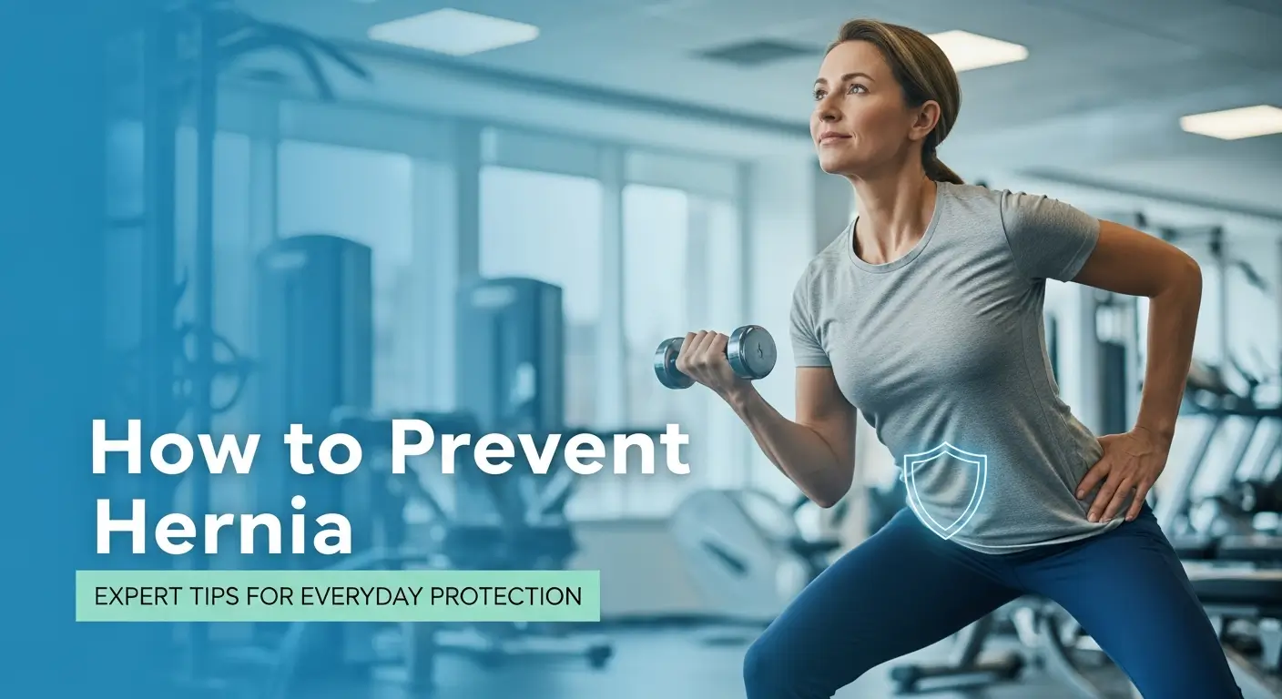 Woman exercising in the gym with core protection symbol, representing how to prevent hernia through proper fitness and abdominal care.