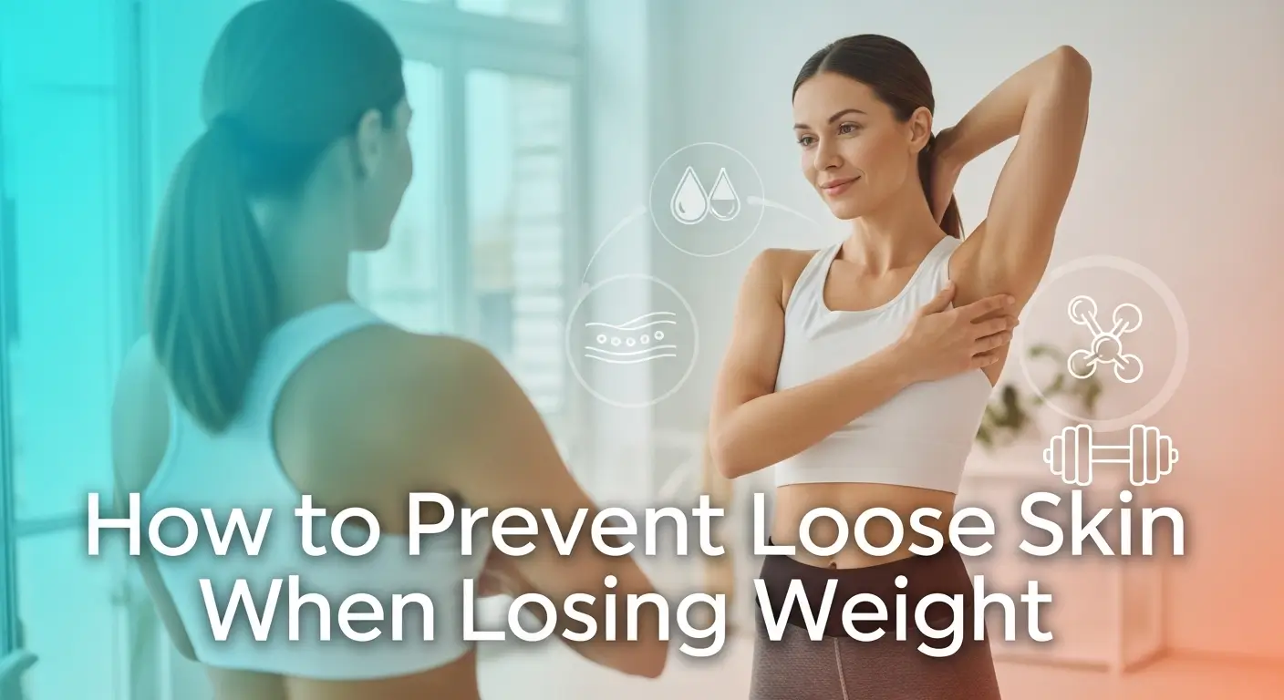 Woman checking her arm skin elasticity in front of a mirror with symbols of hydration and exercise — how to prevent loose skin when losing weight.