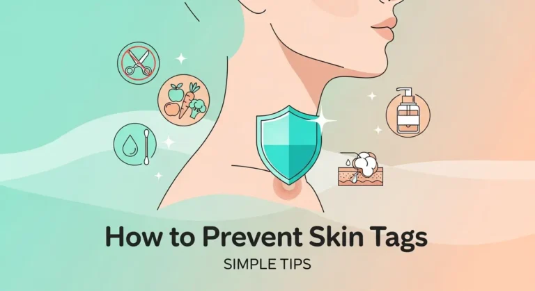 Illustration of a woman’s neck with icons showing tips to prevent skin tags, including healthy diet, proper skincare, moisturization, avoiding cutting skin tags, and hygiene. Text reads ‘How to Prevent Skin Tags – Simple Tips.
