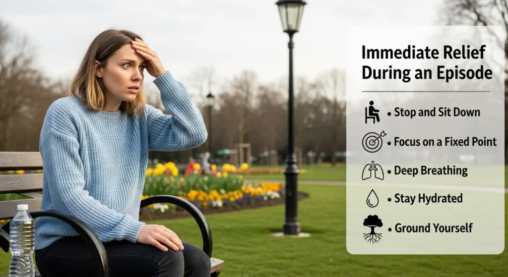A woman sitting on a park bench holding her head and looking dizzy, showing signs of vertigo. Next to her is an infographic with steps for immediate relief during an episode, including sitting down, focusing on a fixed point, deep breathing, staying hydrated, and grounding. Demonstrates anxiety-related dizziness and answers the question: Can stress cause vertigo ?