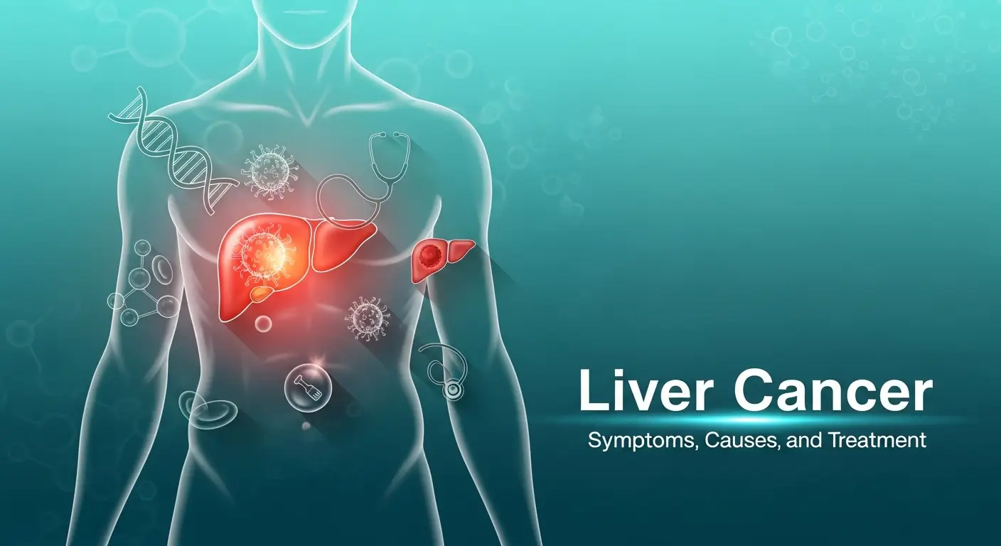 Medical illustration of the human body showing the liver highlighted in red with cancer cells inside, representing liver cancer. Includes medical icons like DNA, viruses, and a stethoscope on a teal background, with the text “Liver Cancer – Symptoms, Causes, and Treatment.