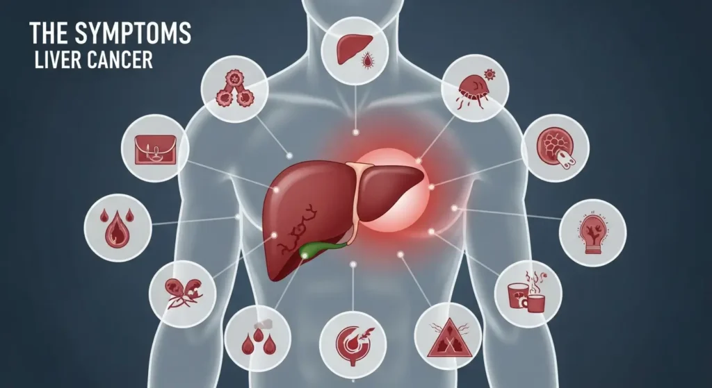 Illustration of the human body with the liver highlighted in red, showing symptoms of liver cancer through medical icons around the body, including fatigue, jaundice, abdominal pain, weight loss, bleeding, swelling, and nausea. The heading reads “The Symptoms – Liver Cancer.”