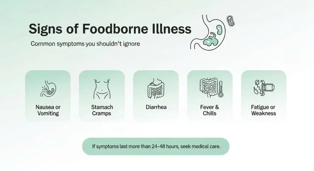 Infographic showing common signs of foodborne illness — nausea or vomiting, stomach cramps, diarrhea, fever and chills, and fatigue or weakness — with a reminder to seek medical care if symptoms last more than 24–48 hours, emphasizing what is the best way to prevent poor food safety.