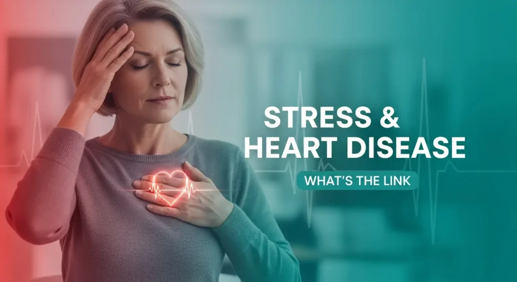 Middle-aged woman holding her chest and touching her head, showing signs of stress, with a glowing heart graphic and the text Stress and Heart Disease – What’s the Link.