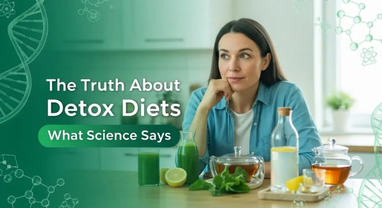 A woman sitting at a kitchen table with detox drinks, lemon water, and herbal tea, looking thoughtful. Scientific DNA and molecule graphics appear in the background, with text discussing the truth about detox diets.