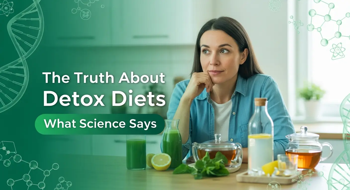 A woman sitting at a kitchen table with detox drinks, lemon water, and herbal tea, looking thoughtful. Scientific DNA and molecule graphics appear in the background, with text discussing the truth about detox diets.