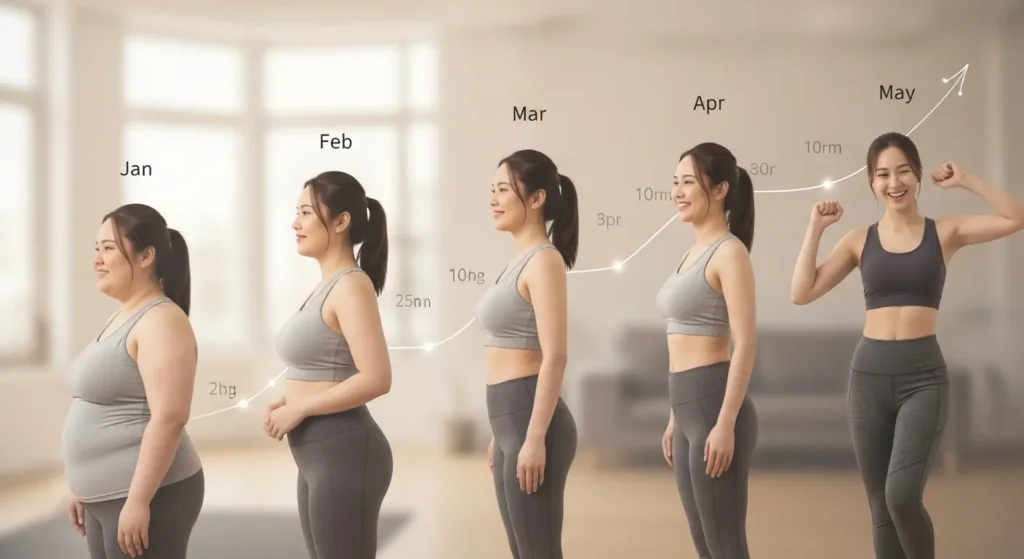  Weight loss transformation progress from January to May showing gradual fat loss and fitness improvement - How to Prevent Loose Skin When Losing Weight