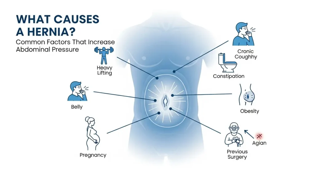 Infographic explaining what causes a hernia, showing common factors like heavy lifting, obesity, constipation, chronic cough, pregnancy, and previous surgery.