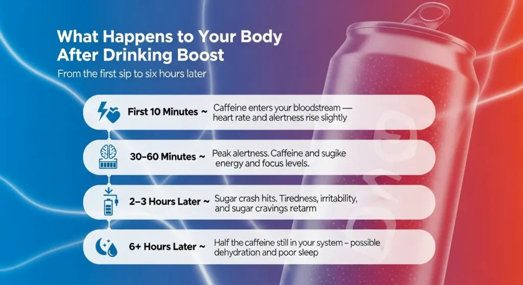 Infographic showing the effects of drinking Boost energy drink on the body over six hours, including increased heart rate, peak alertness, a sugar crash, dehydration, and sleep disruption.