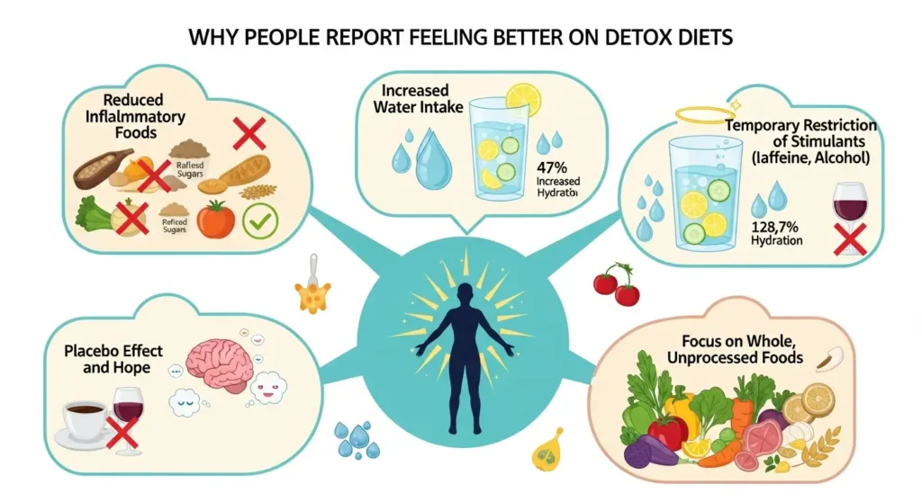 Infographic showing reasons people feel better on detox diets, including reduced inflammatory foods, increased water intake, temporary removal of caffeine and alcohol, the placebo effect, and a focus on whole unprocessed foods. A human silhouette is in the center with icons and illustrations around it.