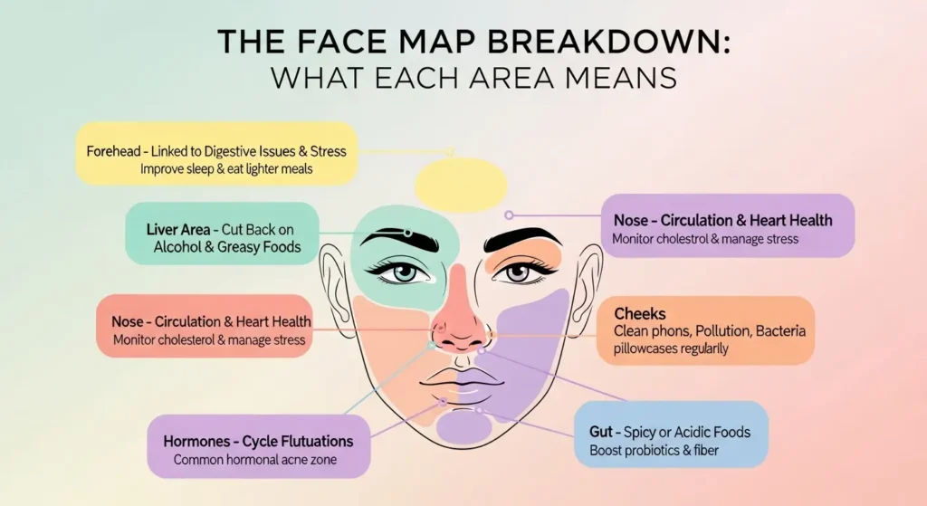 Infographic titled "The Face Map Breakdown: What Each Area Means" showing a female face diagram used for Face Mapping. The face is divided into pastel color zones highlighting forehead, between eyebrows, nose, cheeks, chin, jawline, and around the mouth. Each zone explains what internal systems they relate to, such as digestion, liver, heart health, lungs, hormones, and gut, with simple skincare and lifestyle suggestions. Soft blush background, clean modern skincare aesthetic.