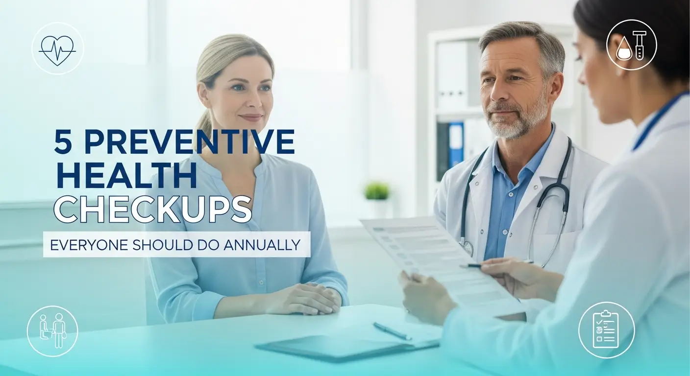 A professional medical consultation scene showing doctors discussing test results with a female patient. The image promotes the importance of five preventive health checkups everyone should do annually, emphasizing proactive healthcare and early detection.