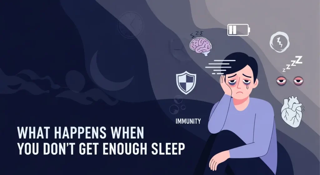 Illustration of a tired person with dark eye circles surrounded by icons showing the negative health effects of not getting enough sleep, including weakened immunity, low energy, brain fatigue, eye strain, and heart stress.