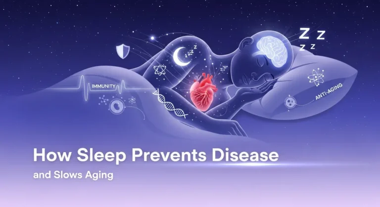 Illustration of a peacefully sleeping person with glowing brain and heart graphics, showing how sleep boosts immunity, supports heart health, aids cellular repair, and slows aging with scientific symbols around the body.