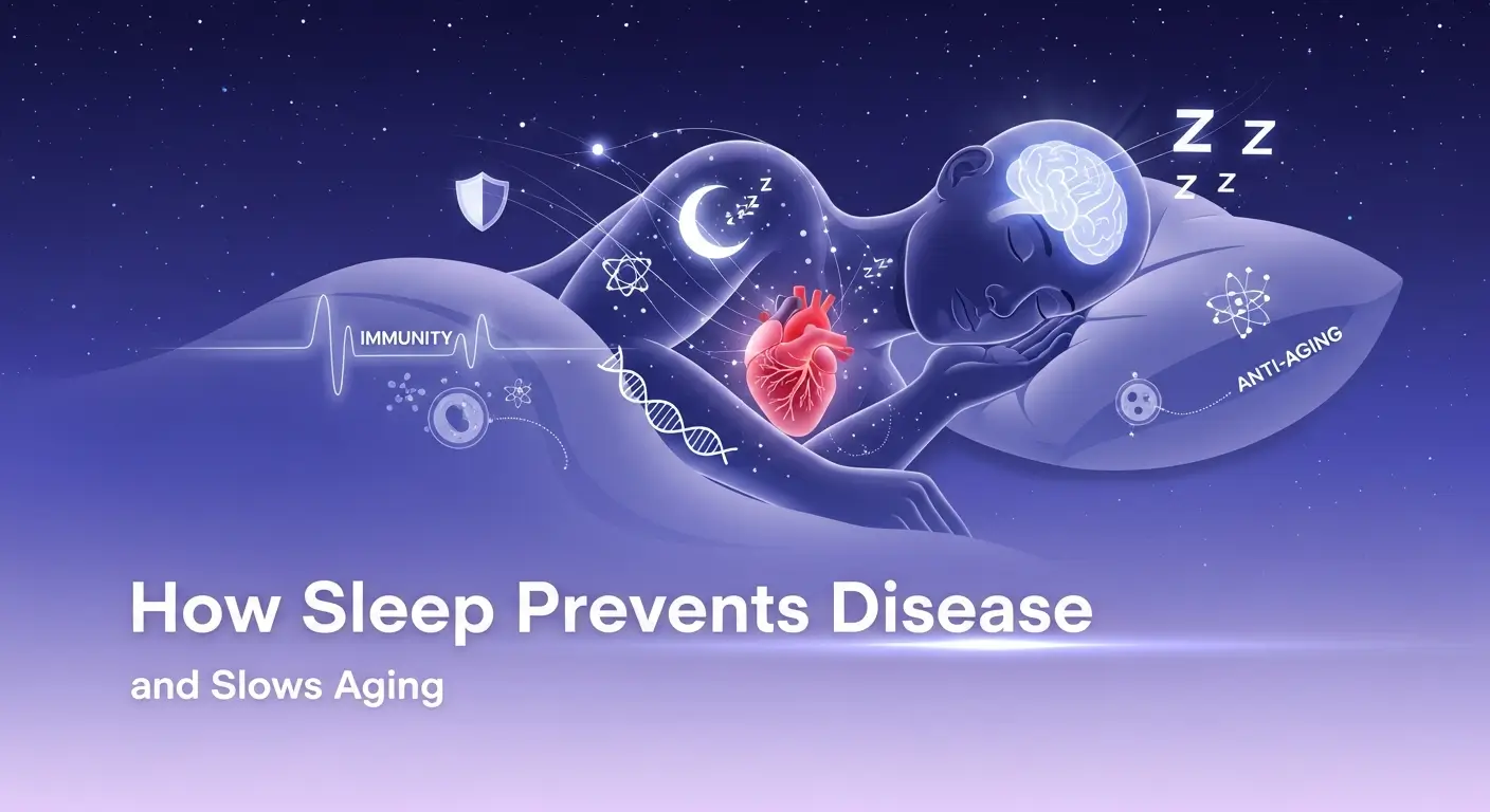 Illustration of a peacefully sleeping person with glowing brain and heart graphics, showing how sleep boosts immunity, supports heart health, aids cellular repair, and slows aging with scientific symbols around the body.