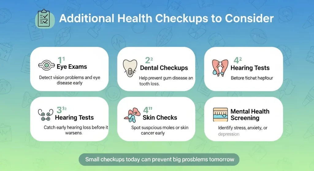 A colorful medical infographic presenting additional recommended health checkups such as eye exams, dental care, hearing tests, skin cancer screening, and mental health assessments. It highlights how small preventive checkups today can prevent serious health problems in the future.