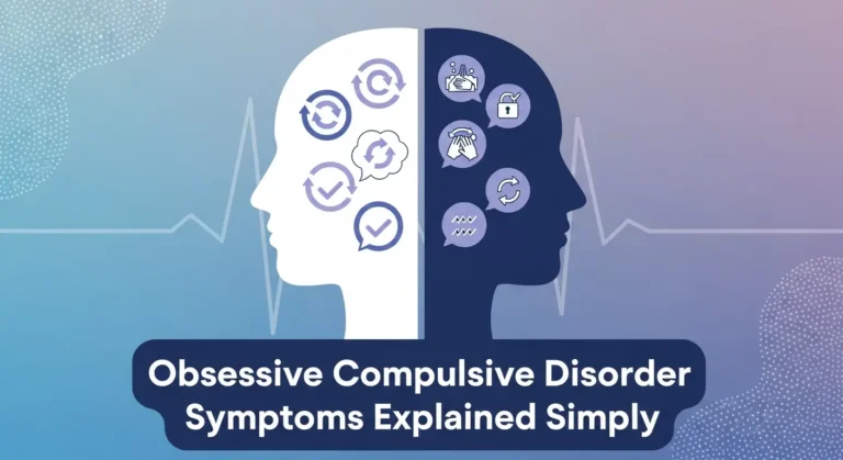 Illustration of two overlapping human head silhouettes representing obsessive-compulsive disorder, with icons showing repetitive thoughts, checking, fear, and compulsive behaviors, symbolizing common OCD symptoms explained in a simple visual way.