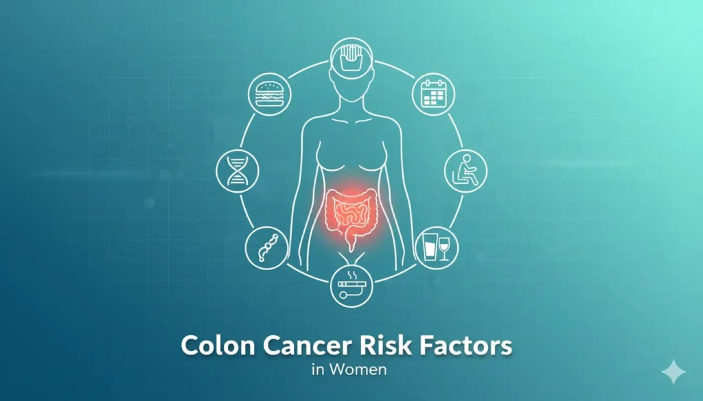 Medical illustration showing a female body with highlighted colon and surrounding icons representing lifestyle and genetic risk factors for colon cancer in women.