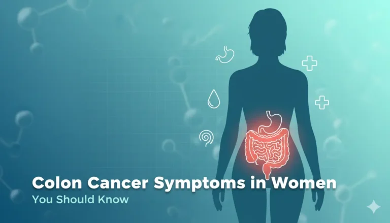 Illustration of a female body silhouette highlighting the colon area with the title “Colon Cancer Symptoms in Women You Should Know.