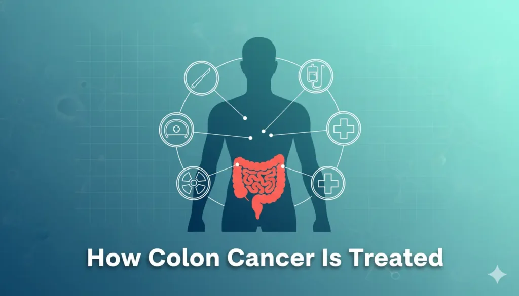 Medical illustration showing a male body with highlighted How Colon Cancer Is Treated