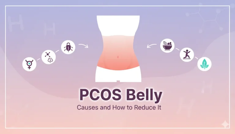 Vector illustration of a female torso highlighting the abdominal area to represent PCOS belly. Left side shows icons for causes such as hormones, insulin, and stress. Right side shows solutions including healthy food, exercise, and lifestyle improvements. Background features a soft lavender-to-blush gradient with wellness patterns. Text overlay reads “PCOS Belly” with subtitle “Causes and How to Reduce It.” Feminine, educational, and supportive style for women’s health blog.
