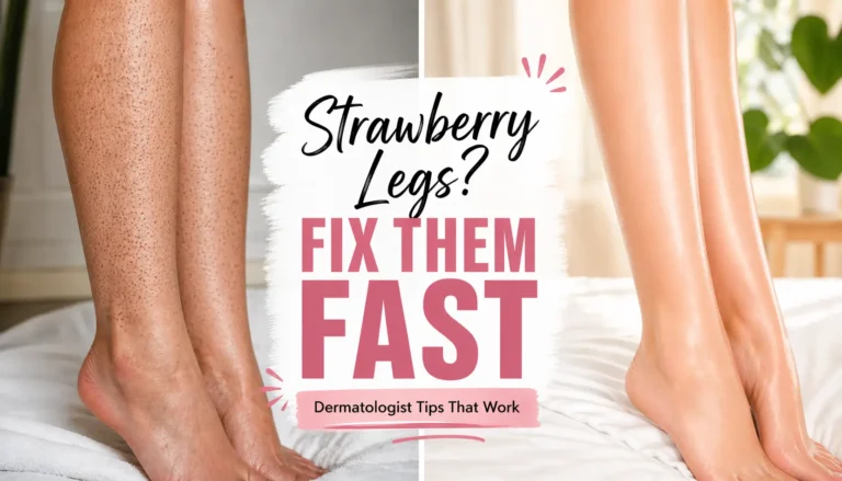 Side-by-side comparison of legs showing “strawberry legs” with visible dark pores on the left and smooth, glowing, hydrated skin on the right, with bold text overlay reading “Strawberry Legs? Fix Them Fast” and smaller subtitle “Dermatologist Tips That Work.”