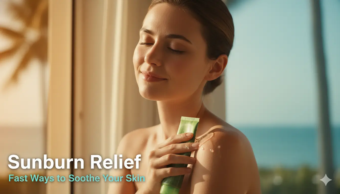 A woman standing in warm sunlight gently applies soothing lotion from a green tube onto her shoulder, eyes closed with a relaxed expression, with a blurred beach background and text reading “Sunburn Relief: Fast Ways to Soothe Your Skin.”